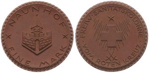 Germany, Emergency Coinage, Naunhof, 1 Mark Porcelain ND (1921), View on Tower in center /  Radiant Red Cross and crossed swords, UNC