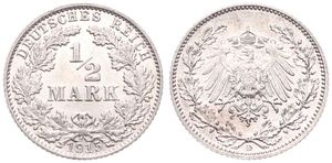 Germany, Empire, Wilhelm II, 1/2 Mark Silver 1915E, Crowned imperial eagle within wreath, KM 17, UNC