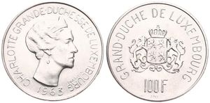 Luxembourg, Grand Duchy, Charlotte, 100 Francs Silver 1963, Head of Charlotte right, KM 52, A.UNC