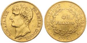 France, Consulship, Napoleon, 40 Francs Gold AN XIA, Bare head left, KM 652 Paris, VF (slightly cleaned) (*)