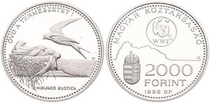 Hungary, Second Republic, 2000 Forint Silver 1998BP, World Wildlife Fund - Fork-tailed bam swallows, KM 730, PROOF