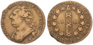 France, First Republic, 12 Deniers Bronze 1791A, Bust of Louis XVI left, KM 600.1 (Paris), VF/XF