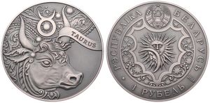 Belarus, Republic, 1 Rouble Copper-Nickel 2014, Zodiac - Taurus, KM New, UNC with Antique Finish 