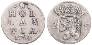 Netherlands, Holland Province, 2 Stuivers Silver 1780, Crowned arms of Holland, KM 48, VF