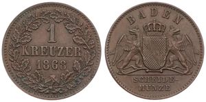German States, Baden, Friedrich I, 1 Kreuzer Copper 1868, Crowned arms with supporters, KM 242, XF