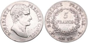 France, Consulship, Napoleon, 5 Francs Silver AN 12A, Bare head right, KM 659.1 Paris, A.VF (cleaned)