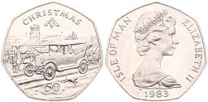 Isle of Man, British Dependency, Elizabeth II, 50 Pence Copper-Nickel 1983, Christmas - Ford Model T driving left, KM 107, UNC