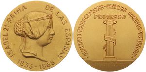 Spain, Kingdom, Franco, Medal in Gilt Bronze 1963 by Calico, Kings of Spain, Bust of Isabel II right (1833-1868) / Progresso Column, UNC