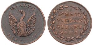 Great Britain, Kingdom, George IV, Token in Copper ND (1820-1825), Dr. Eady, 38 Dean Street Soho within wreath / Phoenix with legend HEALTH RESTORED, VF
