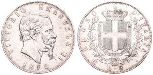 Italy, Kingdom, Vittorio Emanuele II, 5 Lire Silver 1876R, Bearded head right, KM 8.4, VF