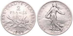 France, Republic, 2 Francs Silver 1900, Figure sowing seed, KM 845.1, SCARCE KEY DATE, VF
