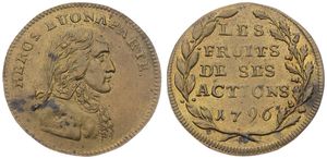 France, First Empire, Napoleon, Token in Brass 1796, Les fruits de ses actions - Heros Buonaparte, Bust right / Legend in 5 lines within wreath, XF