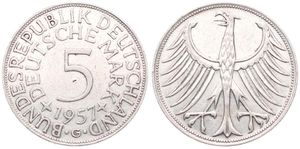 Germany, Federal Republic, 5 Mark Silver 1957G, Eagle with wings spread, KM 112.1, SCARCER DATE, VF