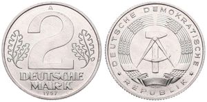 Germany, Democratic Republic, 2 Deutsche Mark Aluminum 1957A, State Emblem, KM 14, UNC