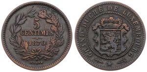 Luxembourg, Grand Duchy, William III, 5 Centimes Bronze 1870, Crowned shield within rope wreath, KM 22.1, VF