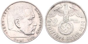 Germany, Third Reich, 2 Reichsmark Silver 1939E, Head of Paul von Hindenburg right, KM 93, VF+
