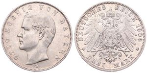 German States, Bavaria, Otto, 3 Mark Silver 1908D, Head left, KM 996, VF+ 