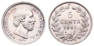 Netherlands, Kingdom, William III, 5 Cents Silver 1869, Bearded head right, KM 91, XF