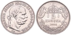 Hungary, Kingdom, Franz Joseph I, 5 Korona Silver 1900KB, Laureate head right, KM 488, VF