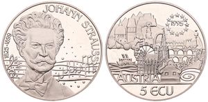 Austria, Republic, 5 Ecu Copper-Nickel 1995, Johann Strauss facing, KM X22, PROOF