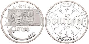Europe, European Union, Medal in Silver 1997, Old banknote - 500 Markkaa from Finland / Stars and legend within and around circle, PROOF