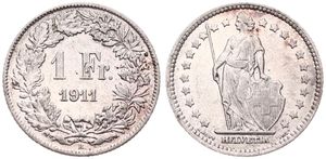 Switzerland, Confederation, 1 Franc Silver 1911, Standing Helvetia, KM 24, XF