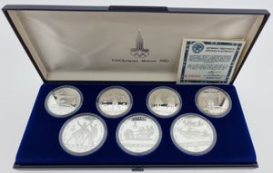 Russia, (U.S.S.R.), Official Olympics SILVER coin Set (1980) (7) in original box with certificate, KM div, PROOF