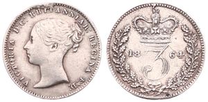 Great Britain, Kingdom, Victoria, 3 Pence Silver 1864, Bust of the Queen left, KM 730, VF + (traces of mounting)