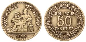 France, Republic, 50 Centimes Aluminum-Bronze 1929, Mercury seated left, KM 884, KEY DATE, VF