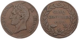 Monaco, Principality, Honore V, 5 Centimes Copper 1837M C, Small head left, KM 95.2, F/VF