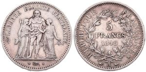 France, Second Republic, 5 Francs Silver 1848A, Hercules Group, KM 756.1 (Paris), VF