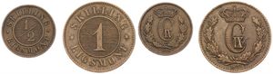 Denmark, Kingdom, Christian IX, 1/2 & 1 Skilling Rigsmont Bronze 1868 & 1872, Crowned Monogram, KM 774 & 776, VF