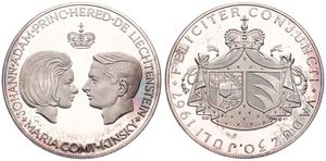 Liechtenstein, Principality, Prince Franz Josef II, Medal (5 Franken) in Silver 1967, Marriage of Crown Prince Johan Adam and Maria, KM X7, PROOF