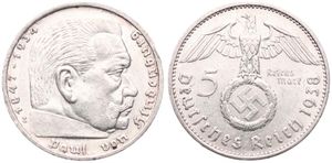 Germany, Third Reich, 5 Reichsmark Silver 1938E, Head of Paul von Hindenburg right, KM 94, SCARCE DATE !, VF