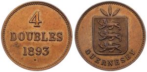 Guernsey, British Dependency, Victoria, 4 Doubles Bronze 1893H, Leaves above shield, KM 5, VF+