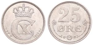 Denmark, Kingdom, Christian X, 25 Ore Silver 1918, Crowned Monogram, KM 815.1, UNC