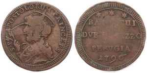 Italian States, Papal States - Perugia, Pius VI, 2-1/2 Baiocchi Copper 1796, Bust of St. Peter left, KM 3, Fine