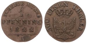German States, Prussia, Friedrich Wilhelm III, 1 Pfennig Copper 1822A, Crowned arms, KM 405, XF