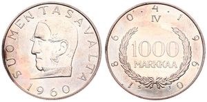 Finland, Republic, 1000 Markkaa Silver 1960 S-J, Markka Currency System Centennial - Head of Snellman left, KM 43, UNC