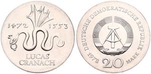Germany, Democratic Republic, 20 Mark Silver 1972, 500th Anniversary of the Birth of Lucas Cranach, KM 41, UNC