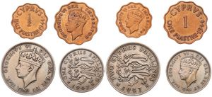 Cyprus, British Colony, George VI, 1/2 & 1 Piastre, 1 & 2 Shillings 1944-1947, Crowned head left, KM div, VF