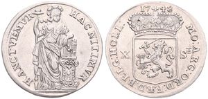 Netherlands, Holland Province, 10 Stuivers Silver 1748, Crowned arms of Holland, KM 95, A.XF