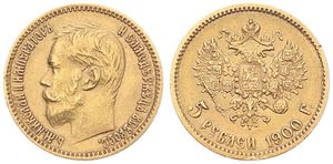Russia, Empire, Nicholas II, 5 Roubles Gold 1900, Head left / Crowned imperial double headed eagle holding orb and scepter, KM 62, XF (*)