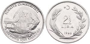 Turkey, Republic, 2-1/2 Lira Stainless Steel 1980, F.A.O. - Fisherman within flounder, KM 938, UNC