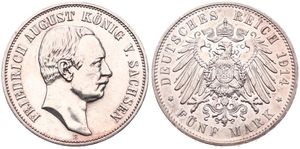 German States, Saxony - Albertine, Friedrich August III, 5 Mark Silver 1914E, Head right, KM 1266, XF (slightly cleaned)