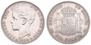 Spain, Kingdom, Alfonso XIII, 1 Peseta Silver 1900 (00), Head left, KM 706, VF