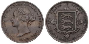 Jersey, British Dependency, Victoria, 1/26 Shilling Bronze 1870, Crowned head left, KM 4, A.VF