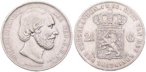 Netherlands, Kingdom, William III, 2-1/2 Gulden Silver 1866, Bearded head right, KM 82, VF