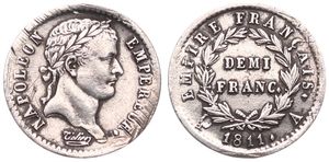 France, First Empire, Napoleon, 1/2 Franc Silver 1811A, Laureate head right, KM 691.1 (Paris), VF/XF