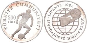 Turkey, Republic, 500 Lira Silver 1982, World Soccer Championship, Soccer player, KM 952, PROOF